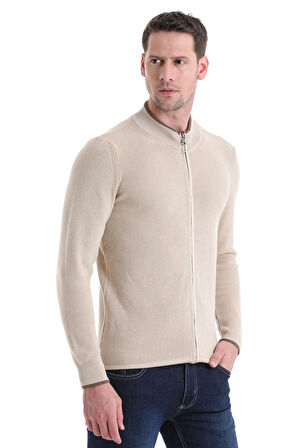 Bej Regular Fit Düz Yarım Balıkçı Yaka Fermuarlı Triko Hırka | S