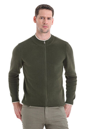 Haki Regular Fit Düz Yarım Balıkçı Yaka Fermuarlı Triko Hırka | 3XL