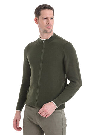 Haki Regular Fit Düz Yarım Balıkçı Yaka Fermuarlı Triko Hırka | 3XL