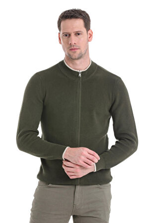 Haki Regular Fit Düz Yarım Balıkçı Yaka Fermuarlı Triko Hırka | XL