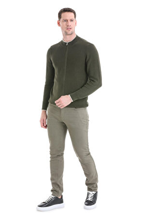 Haki Regular Fit Düz Yarım Balıkçı Yaka Fermuarlı Triko Hırka | XL