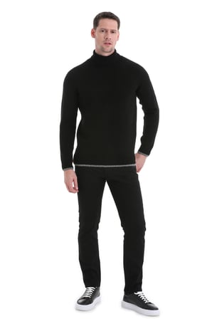 Siyah Regular Fit Düz Balıkçı Yaka Triko Kazak | M