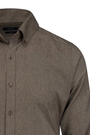 Kahverengi Slim Fit Düğmeli Yaka Pamuklu Uzun Kollu Spor Gömlek | L
