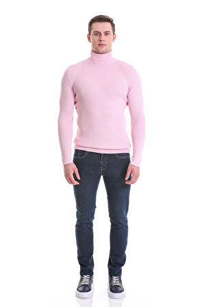 Pembe Slim Fit Fitilli Balıkçı Yaka Yünlü Triko Kazak | L