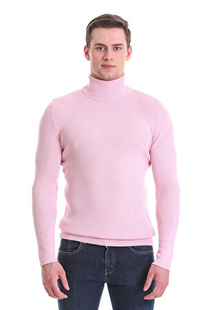 Pembe Slim Fit Fitilli Balıkçı Yaka Yünlü Triko Kazak | L