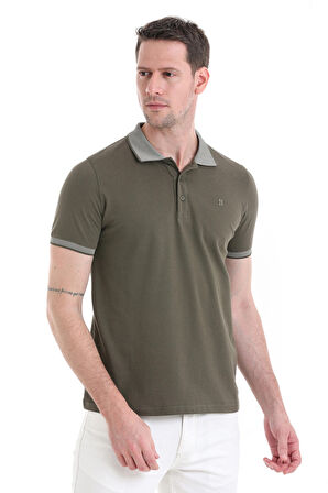Haki Regular Fit Düz 100% Pamuklu Polo Yaka Tişört | S