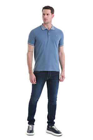 indigo Regular Fit Düz 100% Pamuklu Polo Yaka Tişört | L
