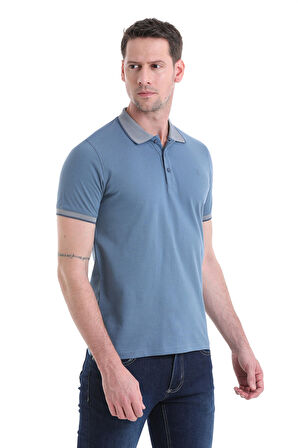 indigo Regular Fit Düz 100% Pamuklu Polo Yaka Tişört | L