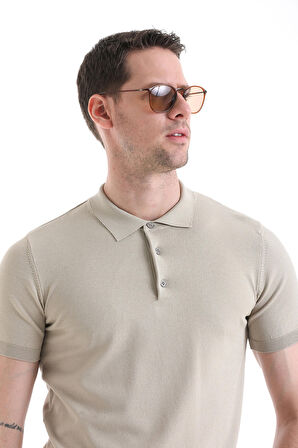 Bej Regular Fit Düz Rayon Polo Yaka Tişört | S
