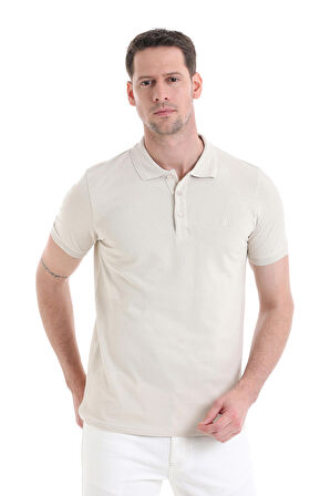 Bej Regular Fit Düz 100% Pamuklu Polo Yaka Tişört | S