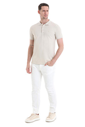 Bej Regular Fit Düz 100% Pamuklu Polo Yaka Tişört | S