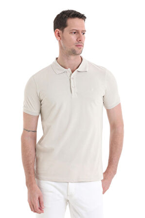Bej Regular Fit Düz 100% Pamuklu Polo Yaka Tişört | S