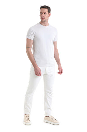 Ekru Regular Fit Düz 100% Pamuklu Bisiklet Yaka Tişört | XXL