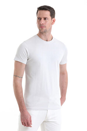 Ekru Regular Fit Düz 100% Pamuklu Bisiklet Yaka Tişört | XXL