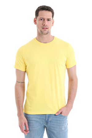 Sarı Regular Fit Düz 100% Pamuklu Bisiklet Yaka Tişört | XL