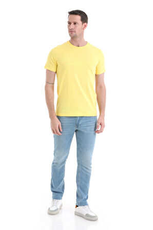 Sarı Regular Fit Düz 100% Pamuklu Bisiklet Yaka Tişört | XL