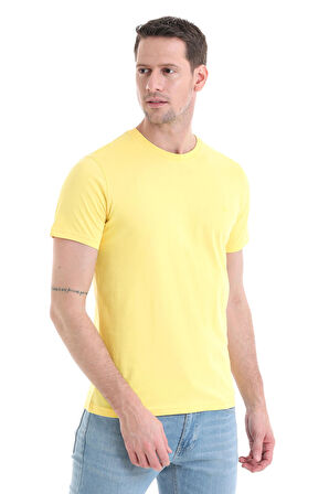 Sarı Regular Fit Düz 100% Pamuklu Bisiklet Yaka Tişört | XL