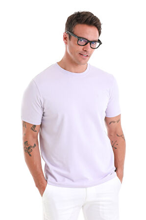 Lila Regular Fit Düz Bisiklet Yaka Pamuklu Triko Tişört | XL