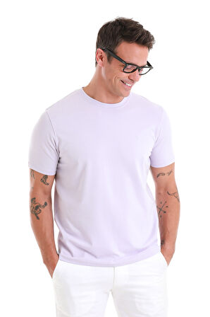 Lila Regular Fit Düz Bisiklet Yaka Pamuklu Triko Tişört | XL