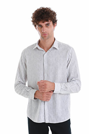Gri Comfort Fit Çizgili Slim Yaka Uzun Kollu Keten Gömlek | L