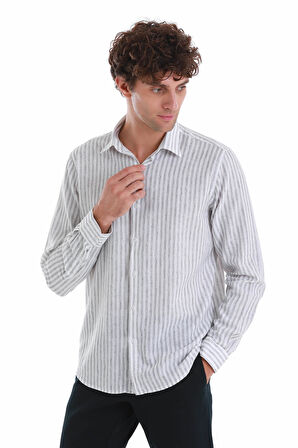 Gri Comfort Fit Çizgili Slim Yaka Uzun Kollu Keten Gömlek | L