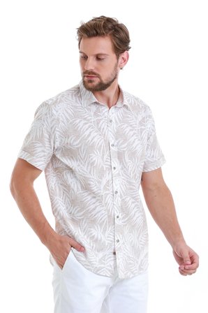 Bej Comfort Fit Baskılı 100% Pamuk Slim Yaka Kısa Kollu Gömlek | L