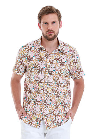 Kahverengi Comfort Fit Baskılı 100% Pamuk Slim Yaka Kısa Kollu Gömlek | L