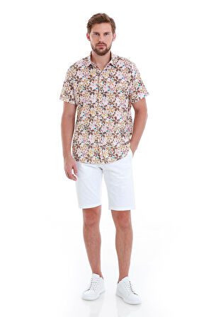 Kahverengi Comfort Fit Baskılı 100% Pamuk Slim Yaka Kısa Kollu Gömlek | L