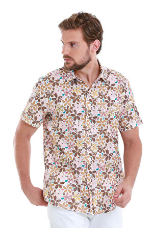 Kahverengi Comfort Fit Baskılı 100% Pamuk Slim Yaka Kısa Kollu Gömlek | L