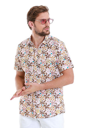 Kahverengi Comfort Fit Baskılı 100% Pamuk Slim Yaka Kısa Kollu Gömlek | L