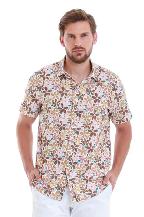 Kahverengi Comfort Fit Baskılı 100% Pamuk Slim Yaka Kısa Kollu Gömlek | XXL