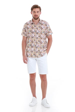 Kahverengi Comfort Fit Baskılı 100% Pamuk Slim Yaka Kısa Kollu Gömlek | XXL