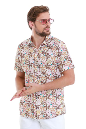 Kahverengi Comfort Fit Baskılı 100% Pamuk Slim Yaka Kısa Kollu Gömlek | XXL