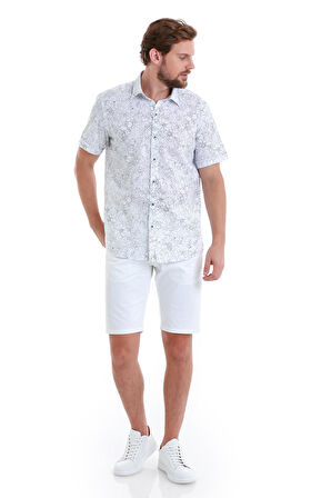 Lacivert Comfort Fit Baskılı 100% Pamuk Slim Yaka Kısa Kollu Gömlek | L