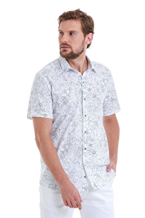 Lacivert Comfort Fit Baskılı 100% Pamuk Slim Yaka Kısa Kollu Gömlek | L