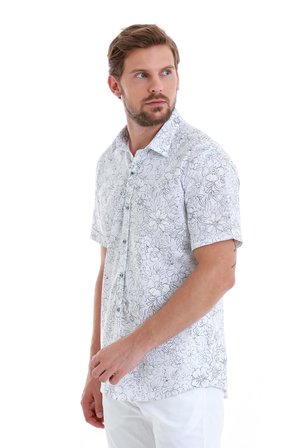 Lacivert Comfort Fit Baskılı 100% Pamuk Slim Yaka Kısa Kollu Gömlek | S