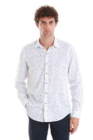 Lacivert Comfort Fit Baskılı Slim Yaka Uzun Kollu Spor Gömlek | S