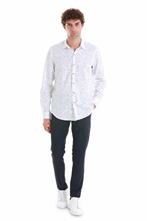 Lacivert Comfort Fit Baskılı Slim Yaka Uzun Kollu Spor Gömlek | S