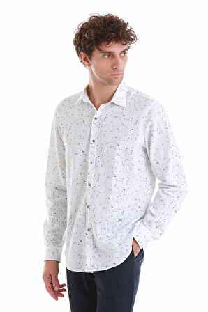 Lacivert Comfort Fit Baskılı Slim Yaka Uzun Kollu Spor Gömlek | S