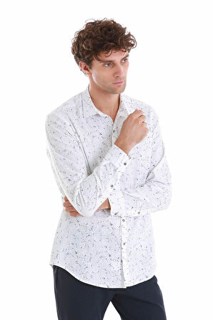 Lacivert Comfort Fit Baskılı Slim Yaka Uzun Kollu Spor Gömlek | S