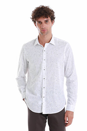 Beyaz  Comfort Fit Baskılı Slim Yaka Uzun Kollu Spor Gömlek | S