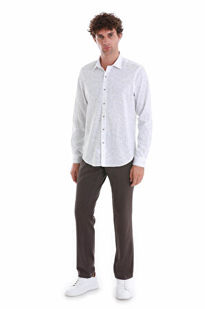 Beyaz  Comfort Fit Baskılı Slim Yaka Uzun Kollu Spor Gömlek | S