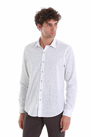 Beyaz  Comfort Fit Baskılı Slim Yaka Uzun Kollu Spor Gömlek | S