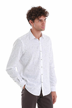 Beyaz  Comfort Fit Baskılı Slim Yaka Uzun Kollu Spor Gömlek | S