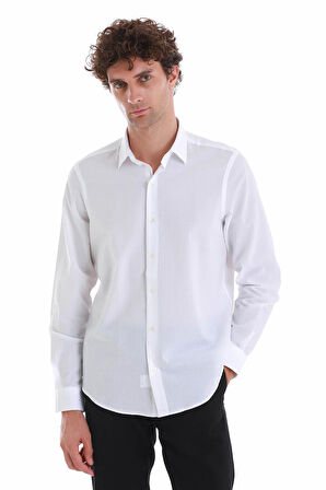 Beyaz Comfort Fit Düz 100% Pamuk Slim Yaka Uzun Kollu Spor Gömlek | S