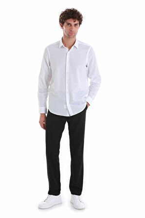 Beyaz Comfort Fit Düz 100% Pamuk Slim Yaka Uzun Kollu Spor Gömlek | S