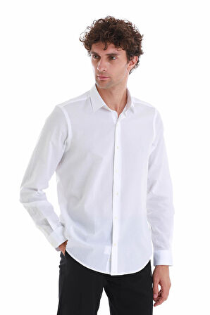 Beyaz Comfort Fit Düz 100% Pamuk Slim Yaka Uzun Kollu Spor Gömlek | S