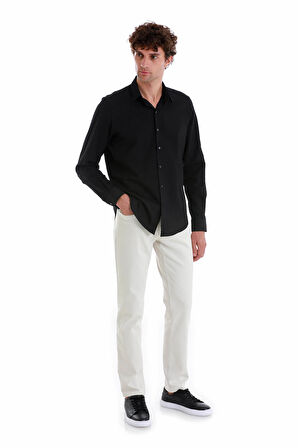 Siyah Comfort Fit Düz 100% Pamuk Slim Yaka Uzun Kollu Spor Gömlek | M