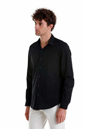 Siyah Comfort Fit Düz 100% Pamuk Slim Yaka Uzun Kollu Spor Gömlek | M