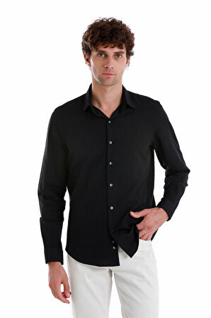 Siyah Comfort Fit Düz 100% Pamuk Slim Yaka Uzun Kollu Spor Gömlek | M